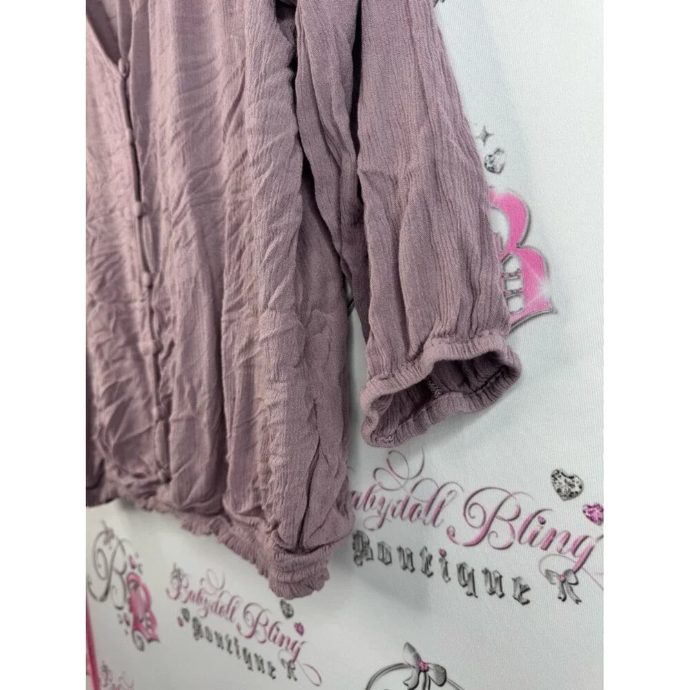 Reitmans long sleeve smocked flowy purple pink Mauve Button-Front Gauze Blouse - Picture 4 of 10